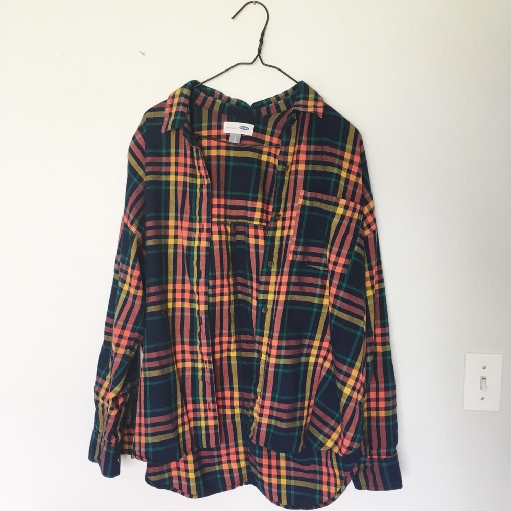 OLD NAVY BOYFRIEND Plaid Flannel Button High Low